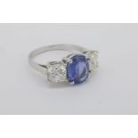 Natural Sapphire & Diamond 3 Stone Ring, central sapphire is certified with a GSC report, number