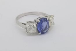 Natural Sapphire & Diamond 3 Stone Ring, central sapphire is certified with a GSC report, number