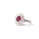 Fine Ruby and Diamond panel ring, feature oval cut ruby estimated 1.23ct, with a double row border