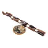 Victorian Agate Panel Bracelet and Moss Agate Brooch, brooch 44-35mm, yellow metal twist rope
