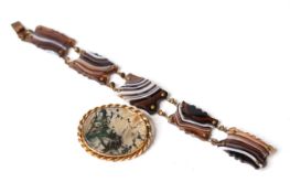 Victorian Agate Panel Bracelet and Moss Agate Brooch, brooch 44-35mm, yellow metal twist rope