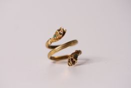 Eastern Gem Set Snake Ring, set with rubies and turquoise, twist design with two heads, tested as