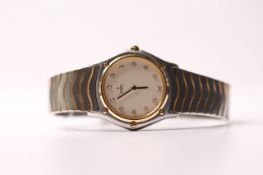 LADIES EBEL STEL AND GOLD DRESS WATCH, cream circular dial, diamond dot hour markers, gold bezel,