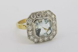 Asscher Cut Aquamarine & Diamond Cluster Ring, platinum set with 18ct yellow gold basket and