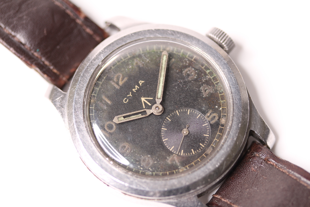 DIRTY DOZEN MILITARY CYMA 1940S WRISTWATCH, circular black dial, untouched, Arabic luminous hour - Image 2 of 8