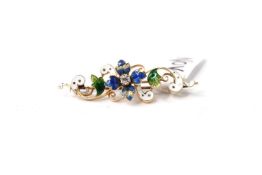 Victorian 15ct Diamond and Enamel Floral Brooch, central old cut diamond set within a blue enamel