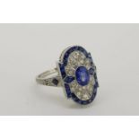 Deco Style Sapphire & Diamond Tablet Ring, central sapphire approximately 0.75ct, marked platinum.
