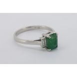 Emerald & Diamond 3 Stone Ring, central emerald cut emerald approximately 0.43ct, baguette cut