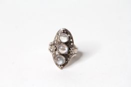 Vintage Silver Moonstone Ring, three cabochons of Moon Stone, silver plaque with bead work design