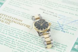 LADIES ROLEX OYSTER PERPETUAL DATEJUST STEEL & GOLD WRISTWATCH W/ PAPERS REF. 6824, circular black