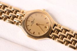 18ct LADIES BAUME AND MERCIER QUARTZ WITH BOX, circular gilt dial, gold baton hour markers, date