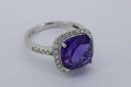 Amethyst & Diamond Cluster Ring, microset diamond shoulders, amethyst is approximately 4.12ct, total