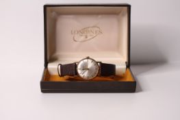 VINTAGE LONGINES DRESS WATCH WITH BOX, circular dial with baton hour markers, 32mm 9ct case,