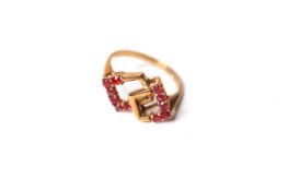 9ct Ruby Ring, over lapping square design, yellow gold, stamped and tested as 9ct, 2.8g