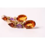 Multi Gem Drop Clip On Earrings, Large oval cut citrine, suspended from Amethyst and garnets, in