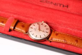 VINTAGE ZENITH 9CT DRESS WATCH WITH BOX, circular dial, black baton hour markers, subsidiary dial,