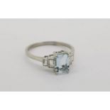 Art Deco Style Aquamarine & Diamond Ring, claw set aquamarine with bezel set baguette diamond