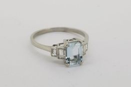 Art Deco Style Aquamarine & Diamond Ring, claw set aquamarine with bezel set baguette diamond