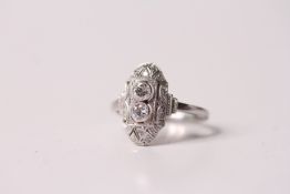 Art Deco Style Diamond Ring, two round cut diamonds with further diamond set detail, estimated total