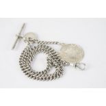 ANTIQUE STERLING SILVER ALBERT CHAIN W/ FOB, albert chain with fob and t bar, possibly, approx 42cm,