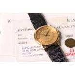 18CT OMEGA DE VILLE 1999 WITH PAPERS, circular gold dial with engine turned design, Roman