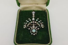 Victorian Opal & Diamond Brooch/Pendant With Pin, peacock style fan of diamond topped opal plumes,