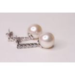 Pair of Cultured Pearl & Diamond Drop Earrings, set with 2 round cultured pearls, 10 round brilliant