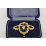 French Marked Ornate Floral Brooch, centre set diamond and pearl drop,15ct gold.