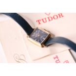 VINTAGE LADIES TUDOR PRINCESS DATE WITH PAPERS, square blue dial, white baton hour markers, 20mm 9ct