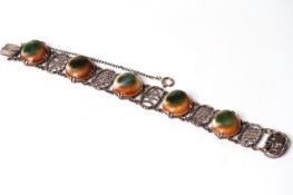 Vintage Chinese Operculum Bracelet, five cabochons approx 20x18mm, silver panels with Chinese