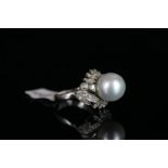 Large pearl and diamond fancy cocktail ring, mounted in white metal stamped 18K, large white pearl