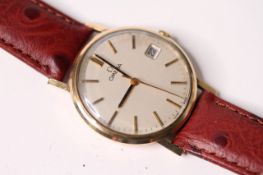 VINTAGE 9ct OMEGA DRESS WATCH, circular cream dial, gilt and black baton hour markers, date