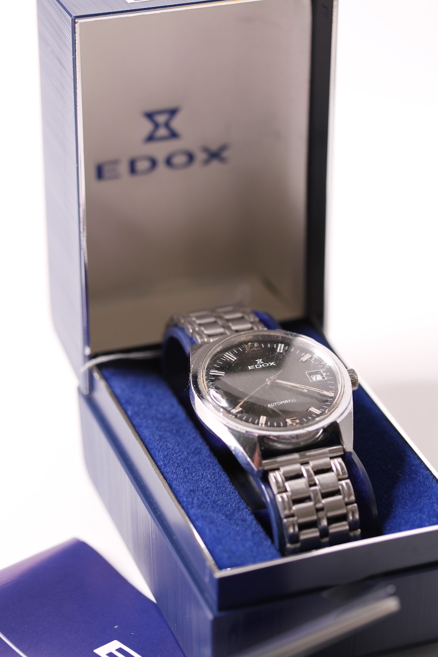 1980s EDOX AUTOMATIC WITH BOX AND PAPERS, circular green/black dial, luminous block and Arabic