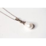 Pearl and diamond drop pendant and chain, 12x10mm drop pearl, diamond set bail, with 48cm chain,
