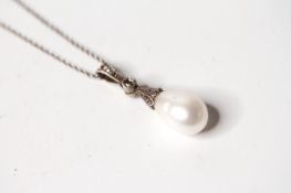 Pearl and diamond drop pendant and chain, 12x10mm drop pearl, diamond set bail, with 48cm chain,