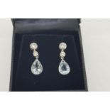 Pair Of Pear Shaped Aquamarine & Diamond Earrings, bezel set aquamarines suspended on a double