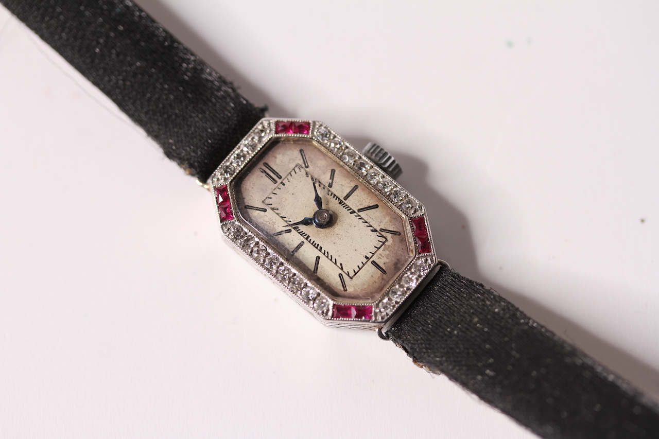 ART DECO RUBY AND DIAMOND COCKTAIL WATCH, 18ct white gold case, set with diamonds and rubies,