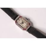 ART DECO RUBY AND DIAMOND COCKTAIL WATCH, 18ct white gold case, set with diamonds and rubies,