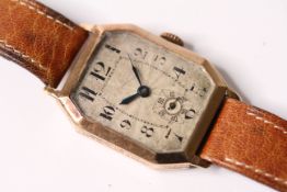 *TO BE SOLD WITHOUT RESERVE*1926 9ct gold art deco watch, case with engraved sides, Guiloche