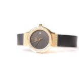 18CT LADIES HUBLOT GENEVE , black circular dial, date aperture, diamond set 18ct yellow gold case,