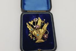 Giardinetti Brooch, detailed basket with gold leaves and petals amongst the golden stems which