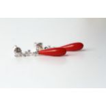 Pair Of 18ct White Gold Coral & Diamond Drop Earrings, approximate total diamond weight 0.75cts,