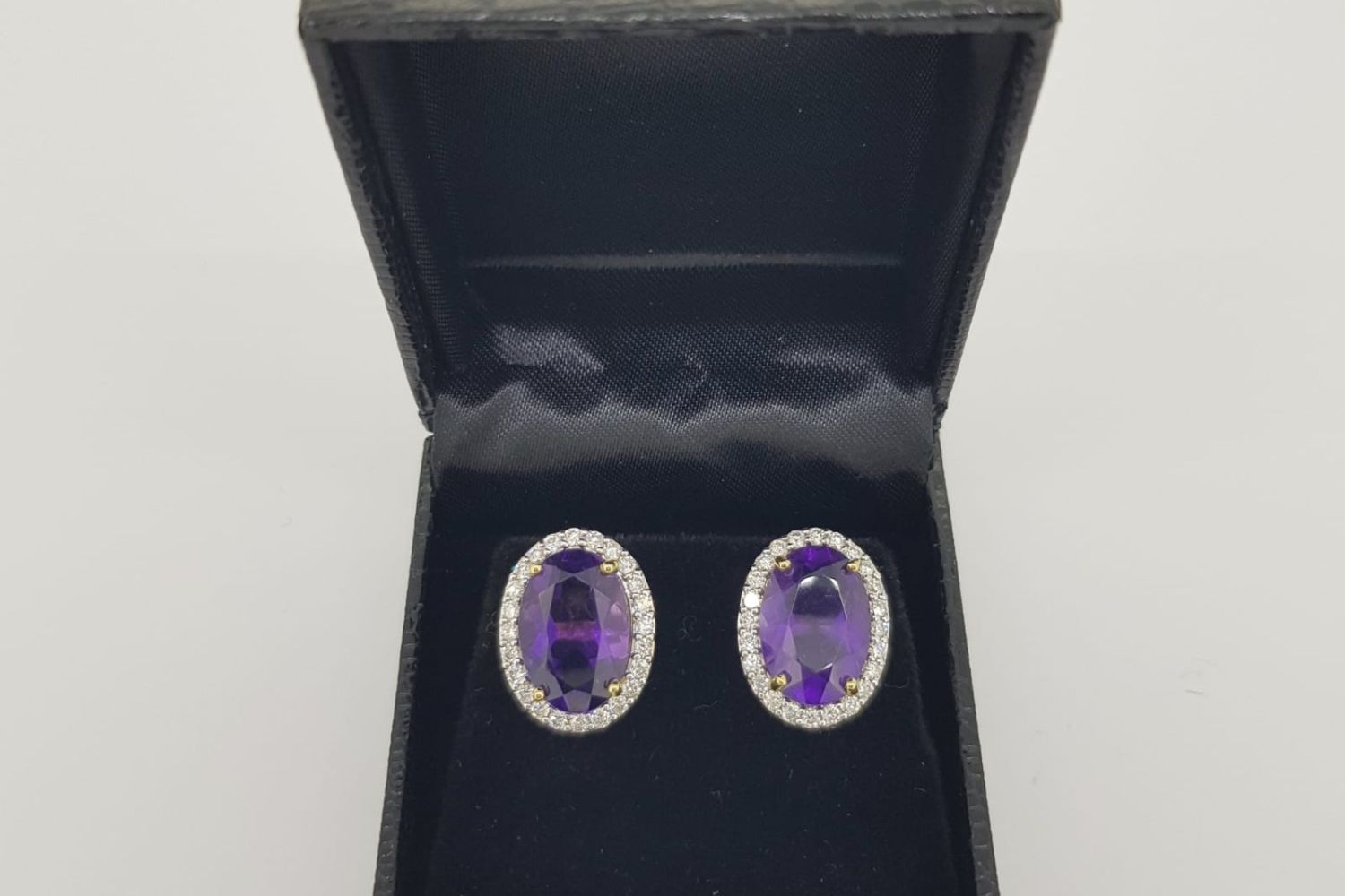 Pair of Large Oval Amethyst & Diamond Cluster Earrings, tested as 18ct yellow gold, weights are