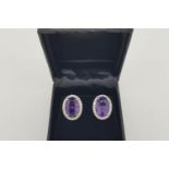 Pair of Large Oval Amethyst & Diamond Cluster Earrings, tested as 18ct yellow gold, weights are