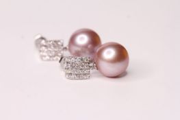 Pair of Cultured Pearl & Diamond Earrings, set with 2 round cultured pearls and 48 round brilliant