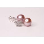 Pair of Cultured Pearl & Diamond Earrings, set with 2 round cultured pearls and 48 round brilliant