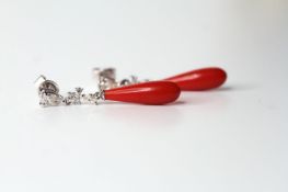 Pair Of 18ct White Gold Coral & Diamond Drop Earrings, approximate total diamond weight 0.75cts,