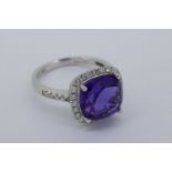 Amethyst & Diamond Cluster Ring, microset diamond shoulders, amethyst is approximately 4.12ct, total