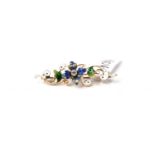 Victorian 15ct Diamond and Enamel Floral Brooch, central old cut diamond set within a blue enamel