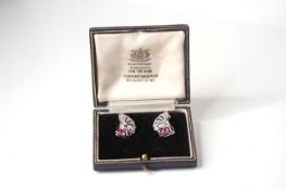 Pair Of 18ct White Gold Fan/Shell Shaped Clip On Earrings, set with rubies and diamonds, comes